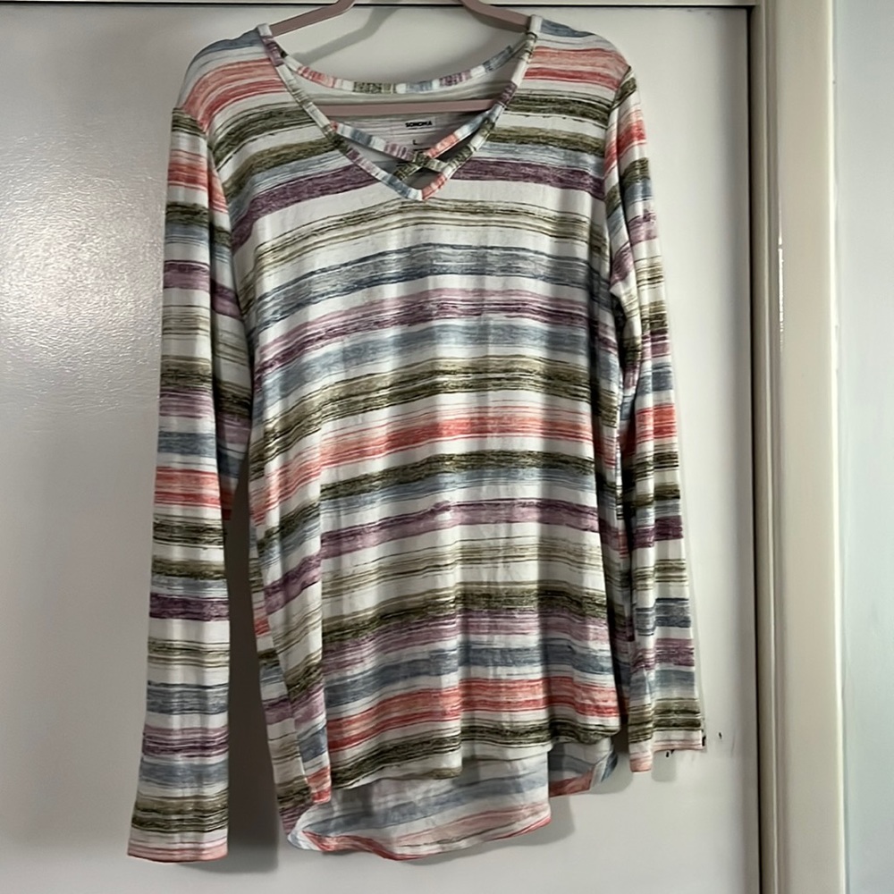 🍇long sleeve knit white with multi colored feathered stripes size large